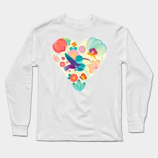 Heart of birds and butterflies among flowers Long Sleeve T-Shirt